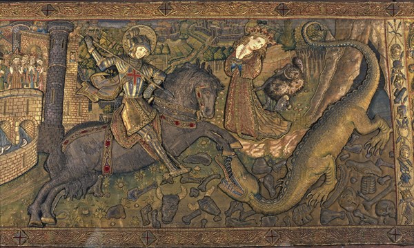 Frontal of Saint George, in linen embroidered fabric, years 1450-1451.