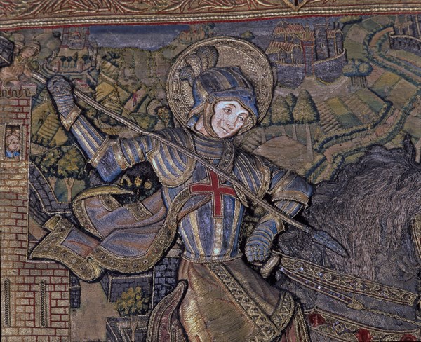 Frontal of Saint George, in linen embroidered fabric, year 1450-1451, detail of St. George.