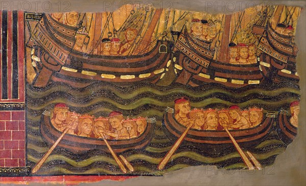 St. Ursula and the Virgins in their journey to Rome in sailing and rowing boats. Detail of a tabl?
