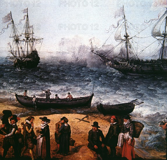 Ships of the Indian British Company ready to depart from a port, detail of an oil on wood by Adam?