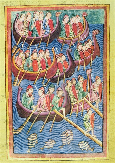 Miniature representing Vikings landing in England during the second wave of migration.