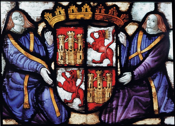 Stained glass window from the Fortress of Segovia with the shield of Castile.