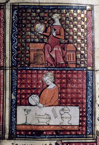 Lady sitting with a dove (1st Quarter) and man cutting bread on a table (3rd quarter). Miniature ?