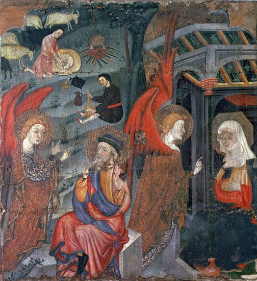 Altarpiece dedicated to the Virgin with the Annunciation and pastors making cheese, painting on w?