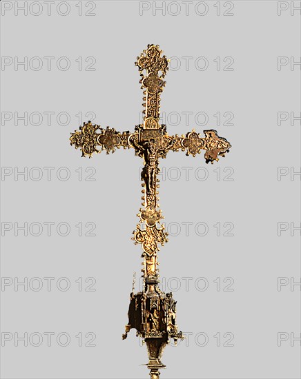 Processional cross, front, made of gilded silver, wood and glazed plates, from the Church of Sant?