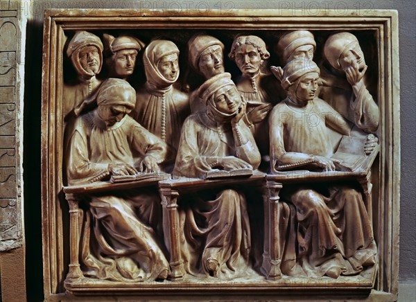 Tomb of Giovanni da Legano. 'Students reading', bas-relief made in 1386 by J della Masegne.