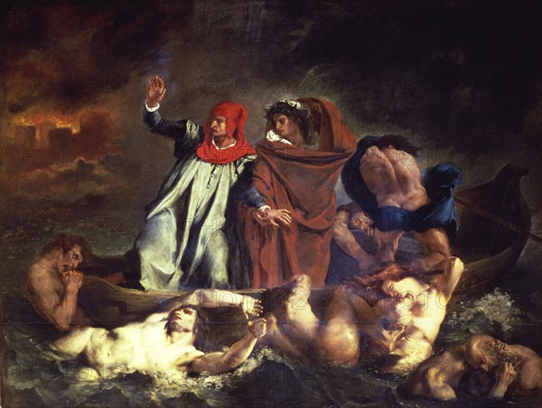 'Dante and Virgil led by Flegias, cross the lake that surrounds the hell', oil of 1822 by Eugene?
