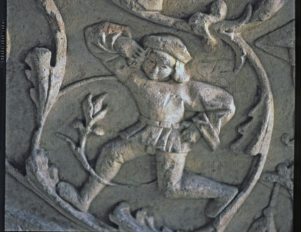 Stairway of the Senior Schools of the University of Salamanca. Detail of the relief of a dancer f?