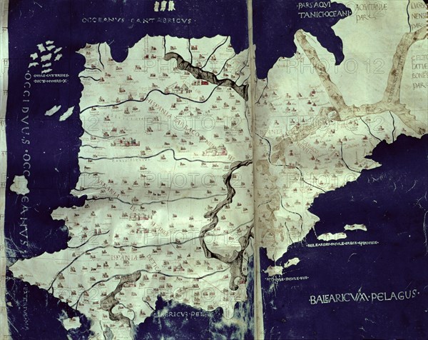 'Map of Hispania', engraving in the book 'Cosmographia', manuscript of 1456, copy of a map of Cl?