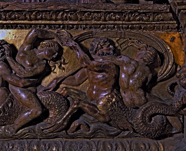 Frieze in polychromed wood, with mythological scenes belonging to the main altar of the Cathedral?