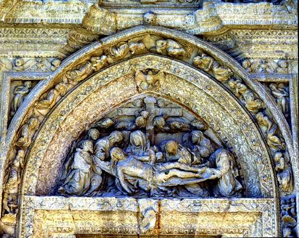 Tympanum of the Pieta on the façade of the Dominican nuns convent of Casalareina,16th century, in?