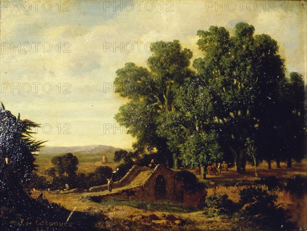 'Landscape with a bridge and figures', 1869, by Joaquim Cabanyes.