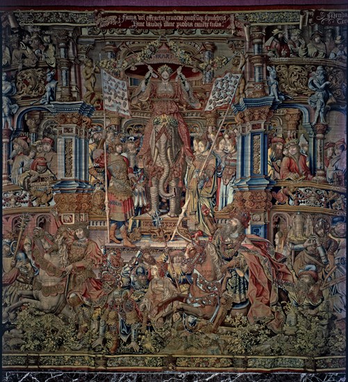 Honours'. 'The Fame', central detail of tapestry # 6 representing Fame seated on an elephant and ?