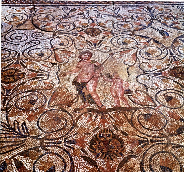 Mosaic, detail of the mosaic in a room of the Roman house in Merida Amphitheater.