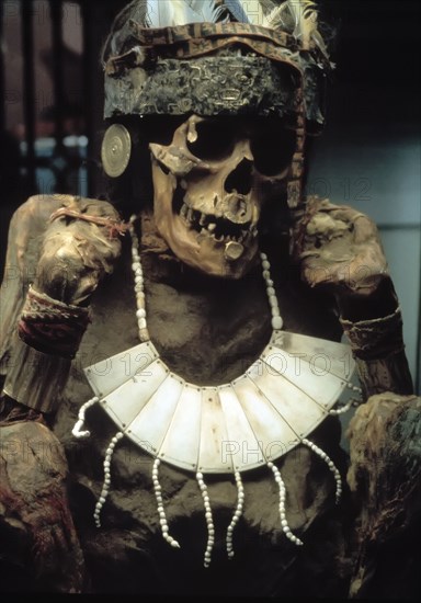 Mummy with gold headdress and tissue.