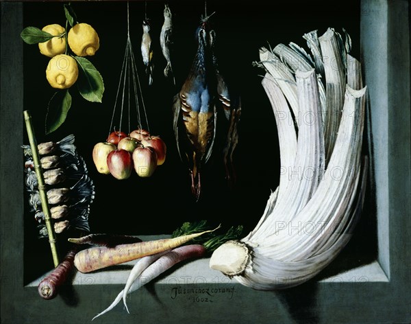 'Hunting, fruit and vegetables' ', 1602, by Juan Sanchez Cotan.