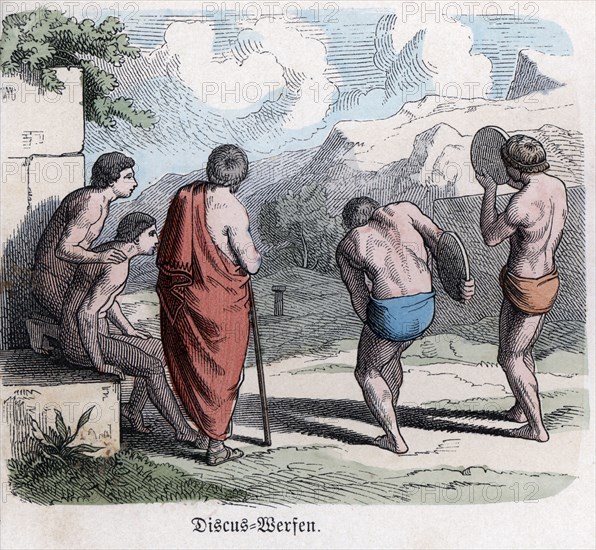 Ancient History. Greece. Athletic competitions, discus game. German engraving, 1865.