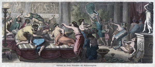 Ancient History. Rome. Orgy in a house of a Roman patrician. German engraving, 1866.