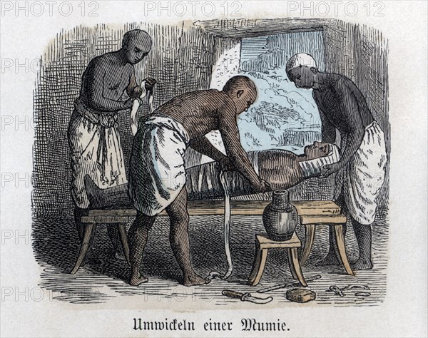 Ancient History. Egypt. Preparing a mummy. German engraving, 1865.