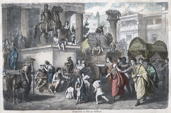 Ancient History. Rome. Scene in a Roman street. German engraving, 1865.