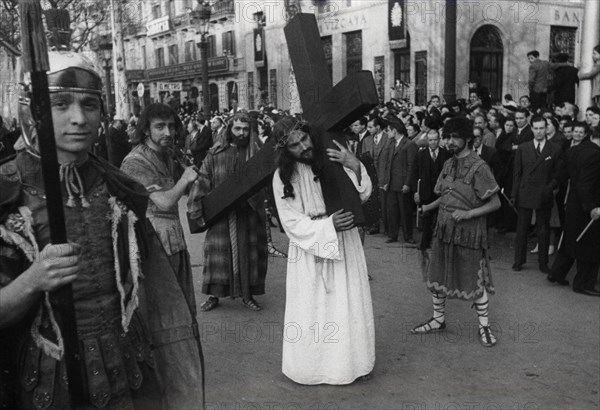 Easter procession passing through the Catalonia Square in Barcelona, ??1954.