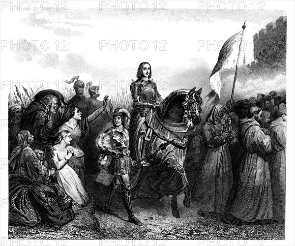 Joan of Arc (1412-1431) entering Orleans on May 18, 1429, engraving from 1853.