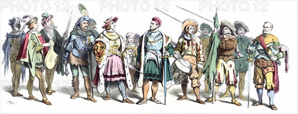 Personages from the time of Maximilian I, early 16th century, German engraving 1860.