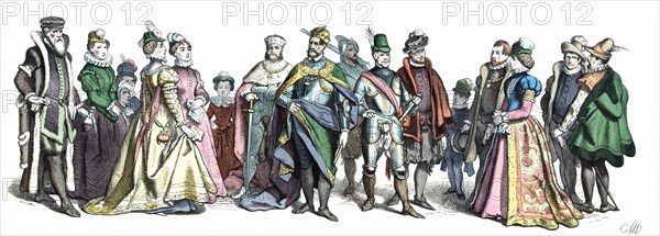 Personages of the court of Charles V, 16th century. German Engraving 1860.