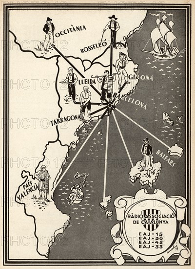 Broadcasting map of Radio Associació of Catalonia in the range of Catalan countries, 1934.