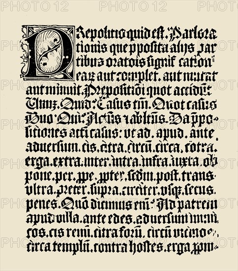 Text page of the Donato Grammar from 4th century, printed by Gutenberg in 1460. Wood engraving fr?