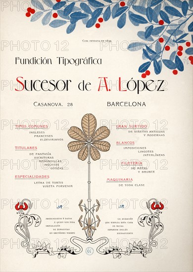 Modernist advertising for the Fundición Tipográfica de A. Lopez, Barcelona, 1900.