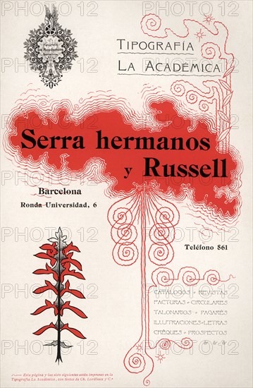 Modernist advertising of Tipografía La Académica. Barcelona, 1900.