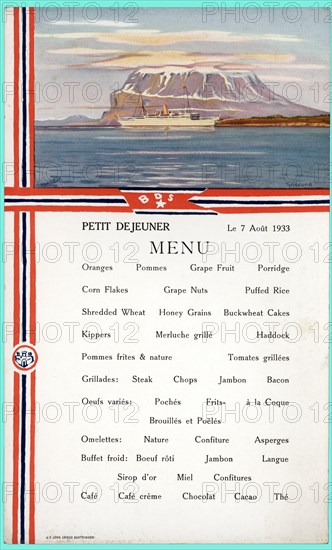 Tourist Menu of a cruise through the Norway fiords, 1933.