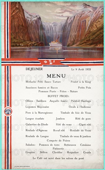 Tourist Menu of a cruise through the Norway fiords, 1933.