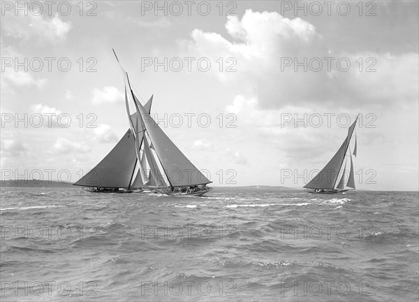 The 15 Metre 'Hispania', 'Paula II' & 'Mariska' racing at Cowes, 1911. Creator: Kirk & Sons of Cowes.