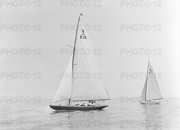 The 6 Metre class 'Jean' and 'Victoria' sailing in light winds, 1922. Creator: Kirk & Sons of Cowes.