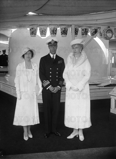 Queen Mary with the Duke and Duchess of York aboard 'HMY Victoria and Albert', 1933. Creator: Kirk & Sons of Cowes.