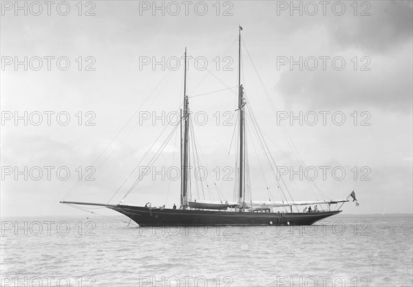 The schooner 'Allah Karim' at anchor, 1912. Creator: Kirk & Sons of Cowes.