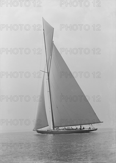 The towering 10,450 sq ft sail area of 'Shamrock IV', 1914. Creator: Kirk & Sons of Cowes.