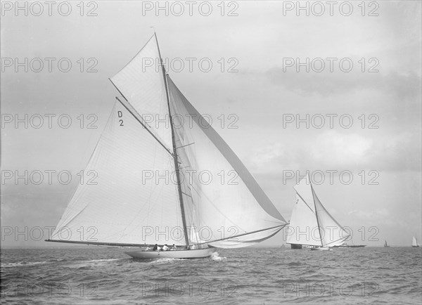 'Ostara' and 'Sophie Elizabeth' racing downwind, 1911. Creator: Kirk & Sons of Cowes.