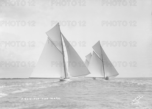 A run for the mark: the 19-metre class 'Octavia', 'Corona' & 'Mariquita', 1912. Creator: Kirk & Sons of Cowes.