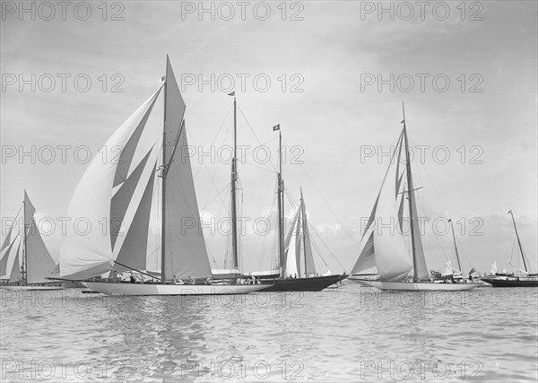 The 19-metres class 'Octavia', 'Norada', 'Corona' & 'Mariquita' racing at Cowes, 1911. Creator: Kirk & Sons of Cowes.