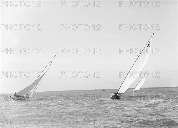 The 6 Metre class 'Vanda', 'Stella' and 'Lanka' racing upwind, 1914. Creator: Kirk & Sons of Cowes.