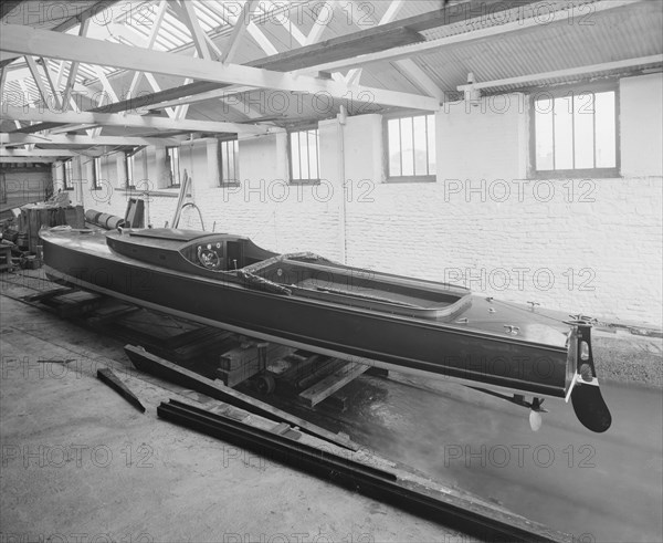 Saunders motor launch in yard, 1914. Creator: Kirk & Sons of Cowes.