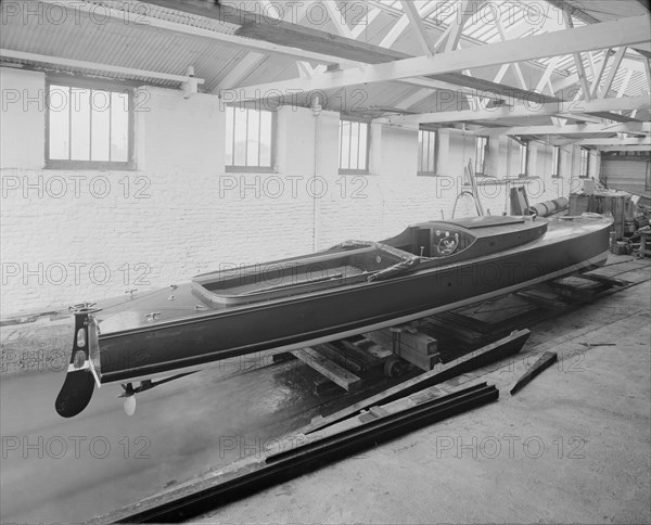 Saunders motor launch in yard, 1914. Creator: Kirk & Sons of Cowes.