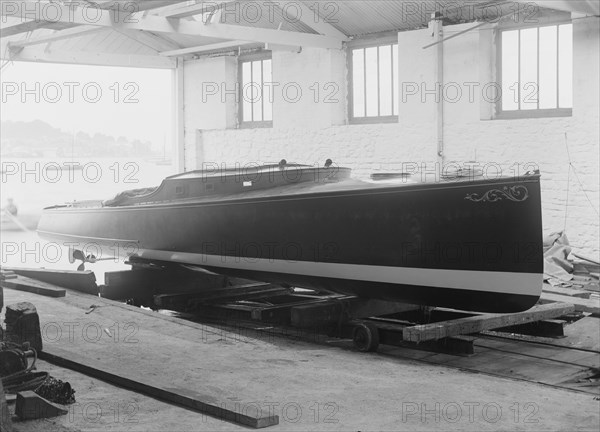 Saunders' motor launch on slipway, 1914. Creator: Kirk & Sons of Cowes.