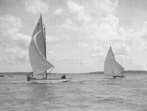 The 7 Metre class 'Anitra' (K4) and 'Ginevra' (K7) race downwind, 1912. Creator: Kirk & Sons of Cowes.