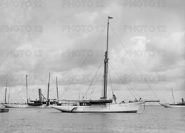 The cutter 'Yolande' at anchor, 1912. Creator: Kirk & Sons of Cowes.