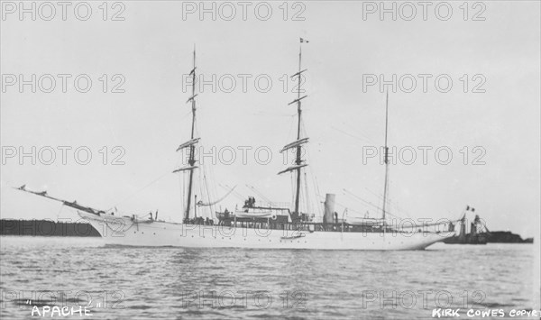 The three masted auxiliary barque 'Apache'. Creator: Kirk & Sons of Cowes.