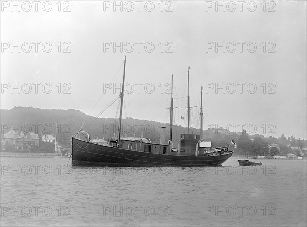 The motor yacht 'Pleosaurus' at anchor, 1922. Creator: Kirk & Sons of Cowes.